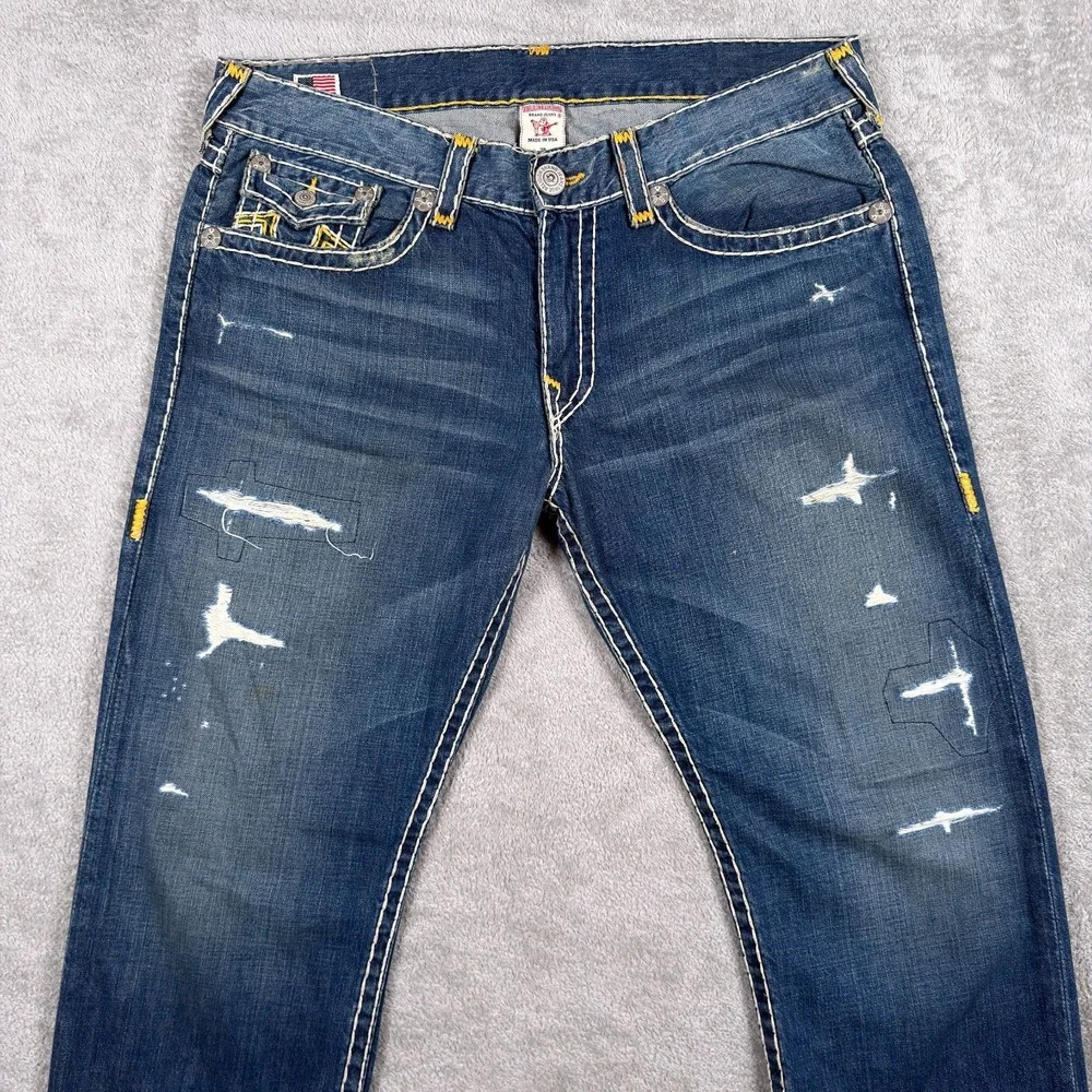True Religion Jeans Mens 38x34 Ricky Super T Straight Leg Blue Distressed Denim
